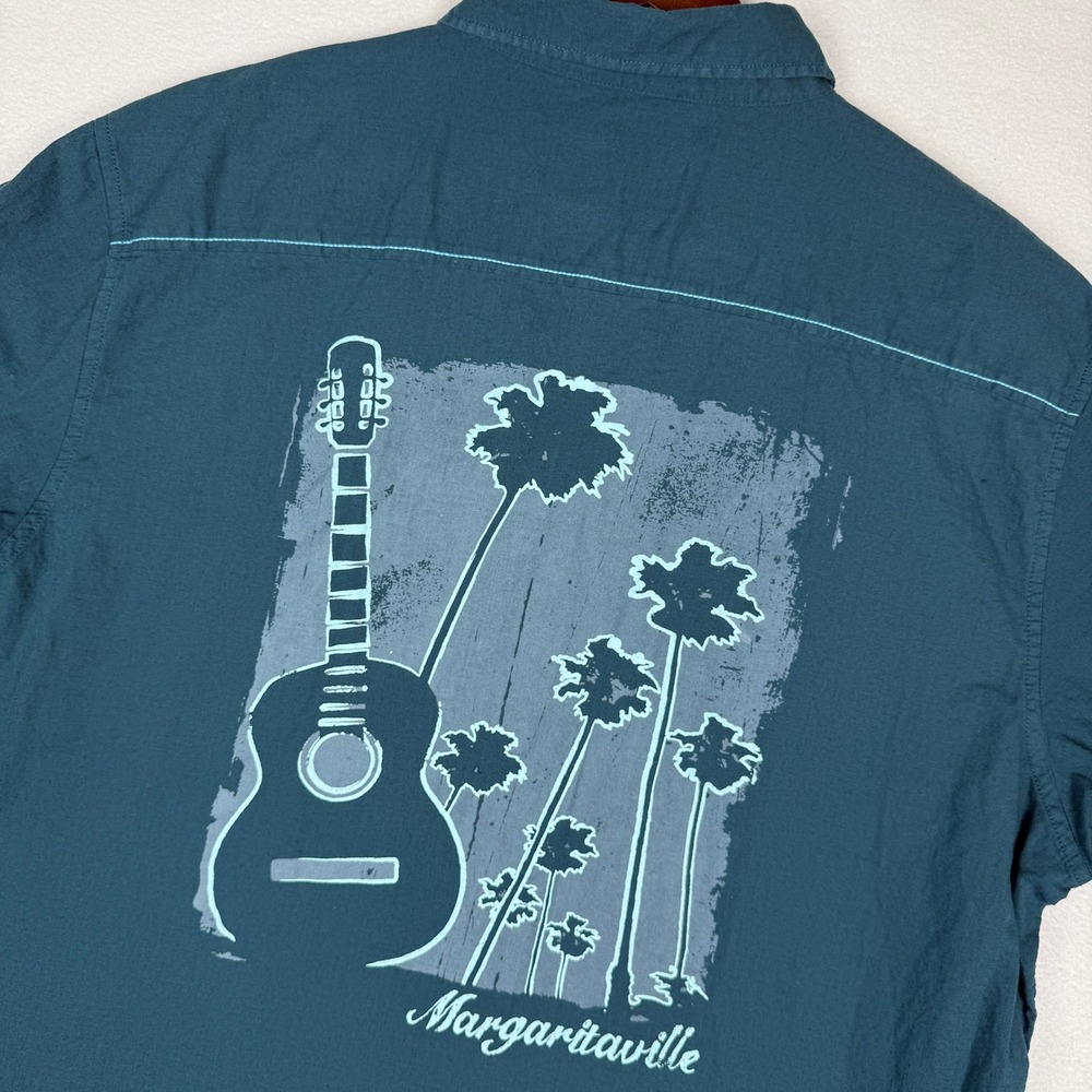 Margaritaville Mens 2XL Teal Linen Blend Short Sleeve Guitar Palm Tree Shirt